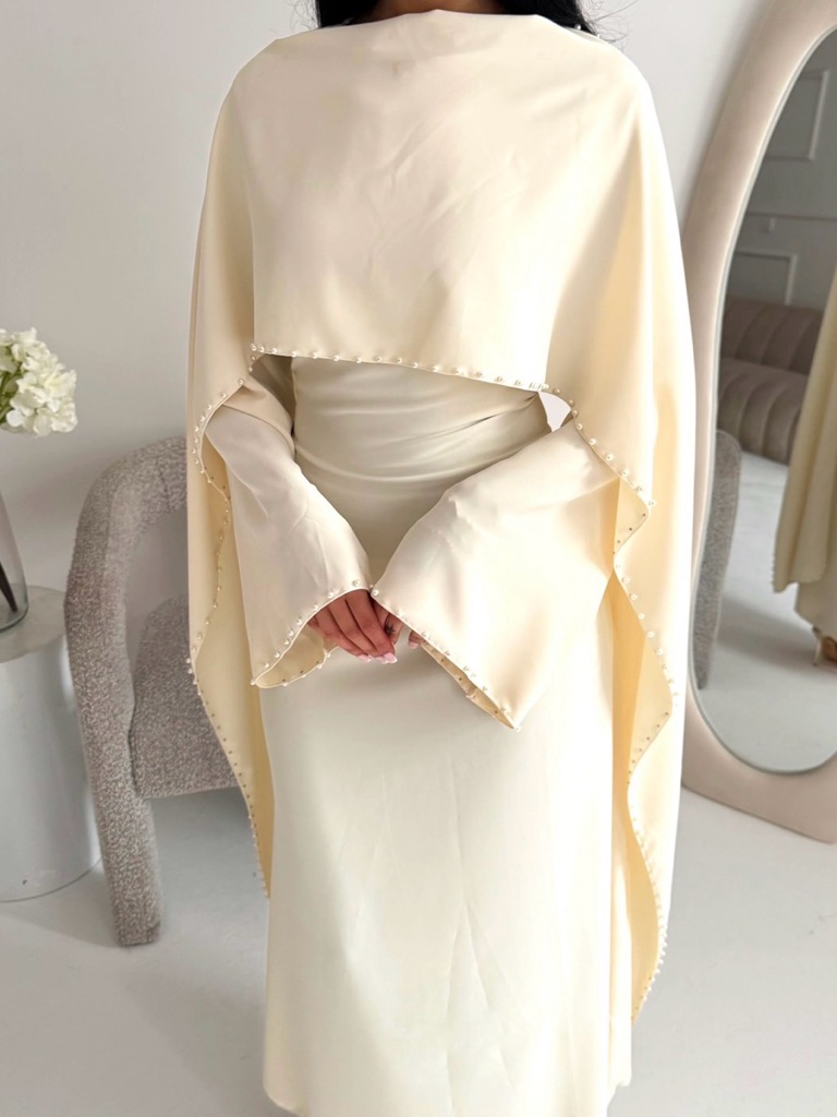 Elegant Cream Pearl-Trim Cape Abaya